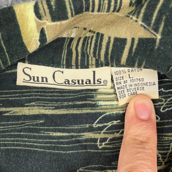 Sun Casuals Hawaiian Shirt Mens L Green Rayon Button Front Tropical Print - Picture 3 of 8